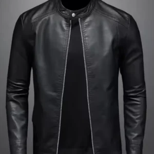 Black Leather Jacket with Stand Collar & Zipper