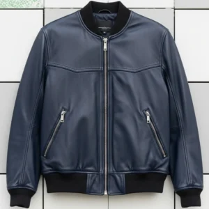 Dark Blue Leather Bomber Jacket