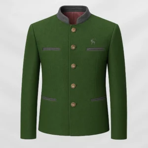 Men's Green Bavarian Leather Jacket with Embroidered Stag
