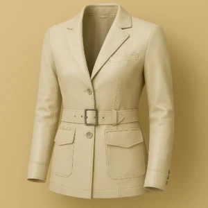 Women's Beige Leather Blazer with Belt & Lapel